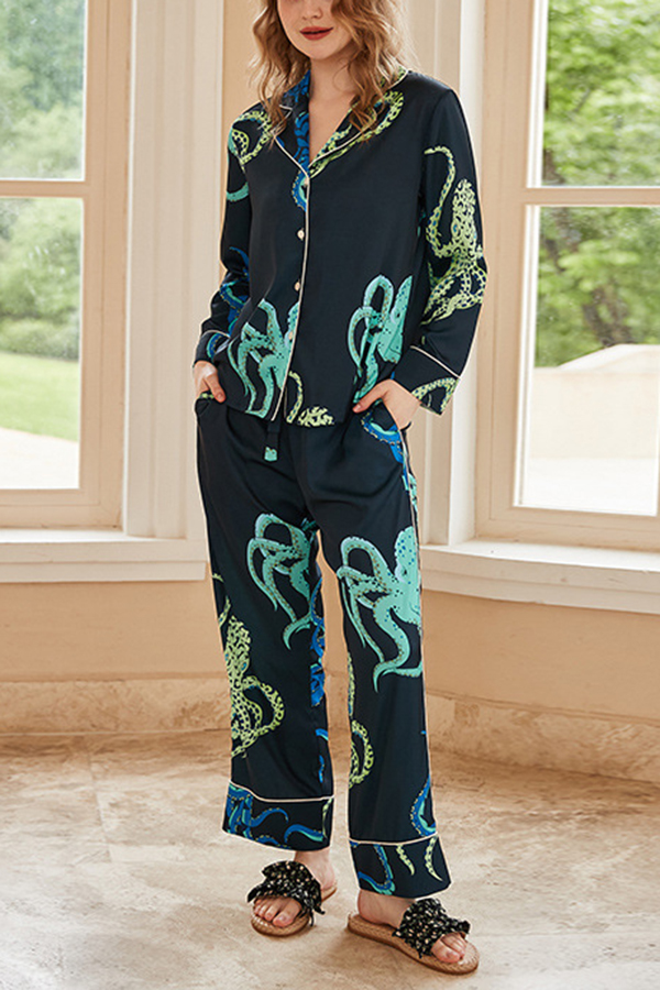 Black Octopus Print Home Long-sleeved Two-piece Set | Consonak