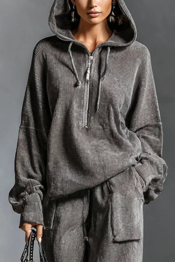 Solid Color Loose-fitting Hooded Long-sleeved Sweatshirt and Elastic Waist Casual Pocket Pants Set