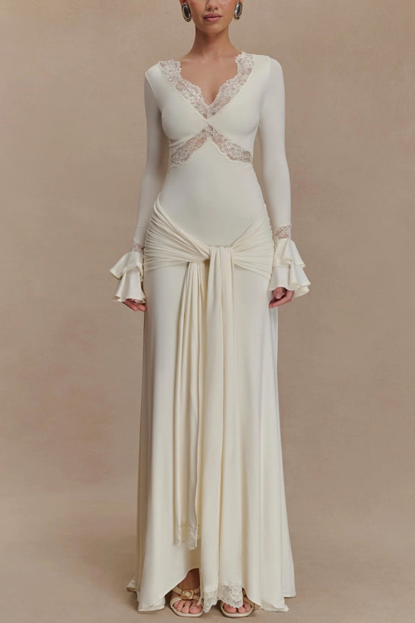 Fashion Lace Splicing Sexy V-neck Long-sleeved Slim Maxi Dress-consonak
