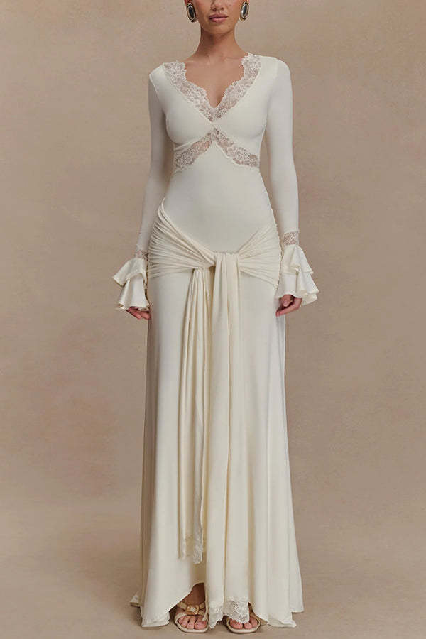 Fashion Lace Splicing Sexy V-neck Long-sleeved Slim Maxi Dress-consonak