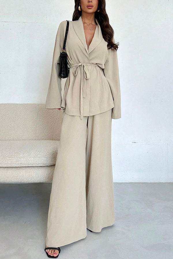 Solid Color Collared Long-sleeved Tie-waist Loose Top and Elastic Waist Casual Wide-leg Pants Set-consonak