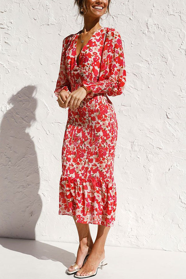 Rowena Floral Bishop Sleeve Smocked Midi Dress-consonak