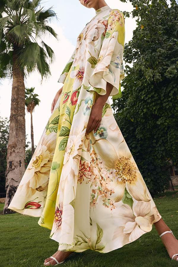 Serene Refinement Color-block Floral High Neck Long Sleeve Fluid Kaftan Maxi Dress