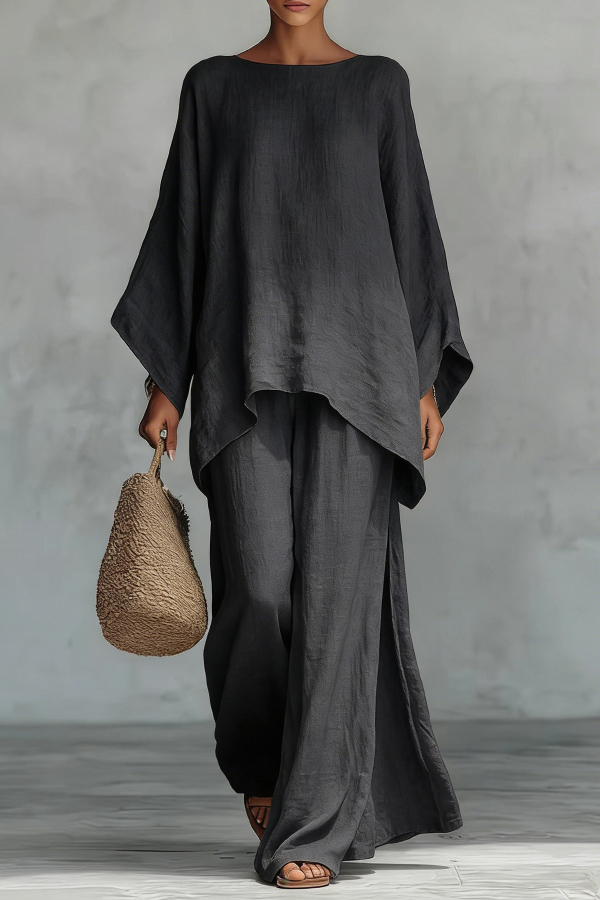 Linen Blend Crew Neck Long-sleeved Loose Top and Elastic Waist Casual Wide-leg Pants Set