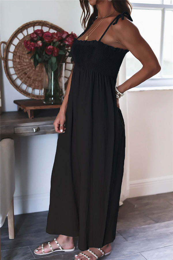 Elegant Solid Color High Waist Linen Blend Suspender Pleated Jumpsuit-consonak