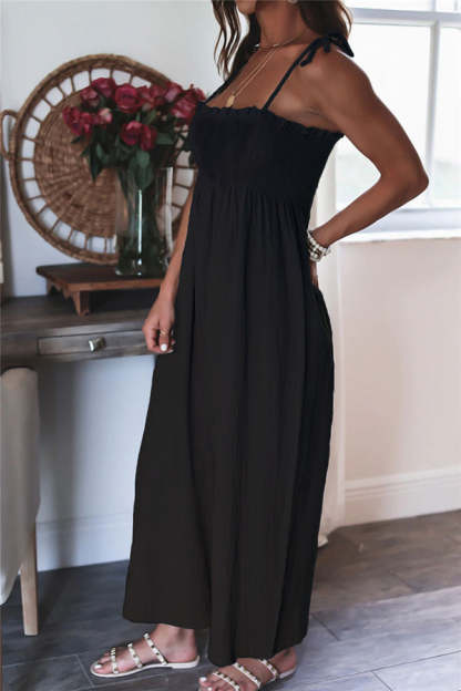 Elegant Solid Color High Waist Linen Blend Suspender Pleated Jumpsuit-consonak