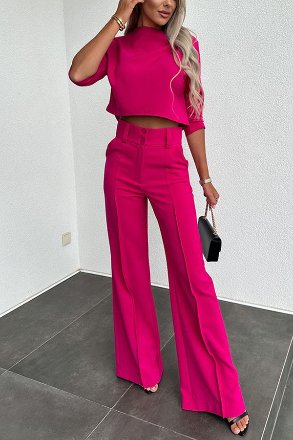 Luisa High Neck Half Sleeve Crop Top and High Rise Pocketed Flare Pants Set | Consonak