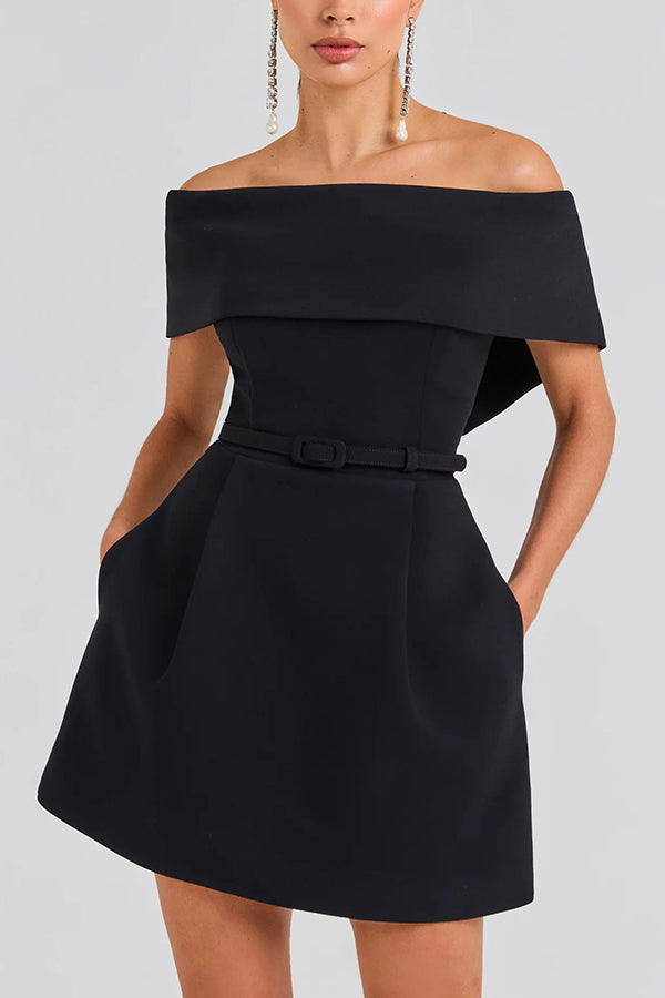 Elegant Evening Lapel Bandeau Removable Belt Pocketed Mini Dress-consonak