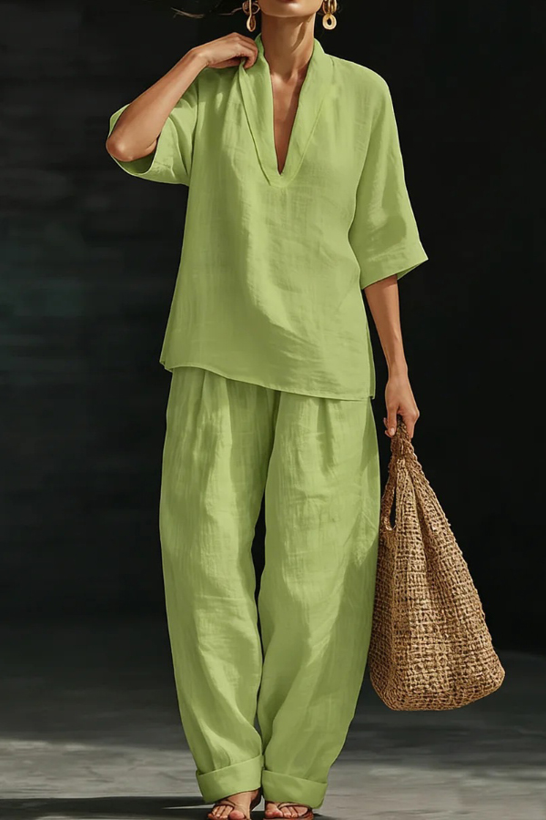 Solid Color V-neck Short-sleeved Loose Top and Casual Elastic Waist Pocket Pants Set
