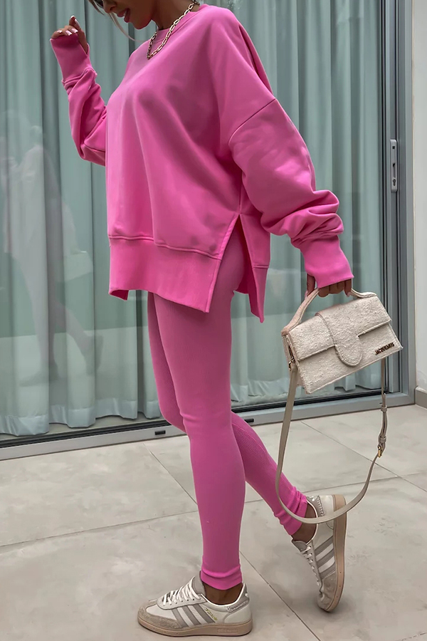 Solid Color Loose Long Sleeve SlitSweatshirt and Elastic Waist Tight Pants Set-consonak