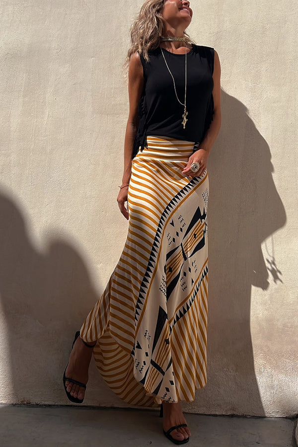 Eva Satin Geometric Print Elastic Waist Maxi Skirt-consonak