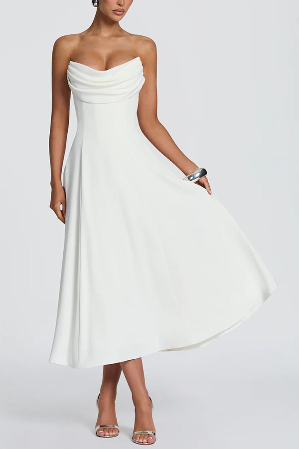 Marlowe Pleated Cowl Neck Strapless Back Lace-up Midi Dress