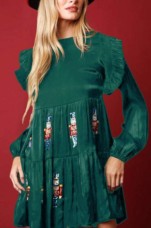 Christmas Toy Solider Satin Sequin Balloon Sleeve Tiered Mini Dress-consonak