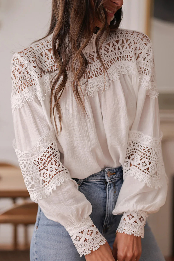 Stylish Hollow-out Patchwork Long-sleeved Elegant Shirt-consonak