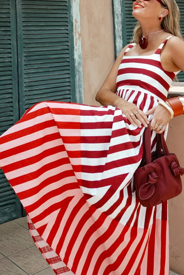 Fashionable Striped Printed Square Neck Sleeveless Casual Vacation Maxi Dress