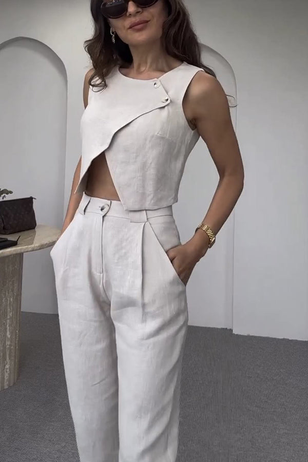 Balvin Linen Blend Cross Button Neck Crop Vest and High Rise Pocketed Pants Set-consonak