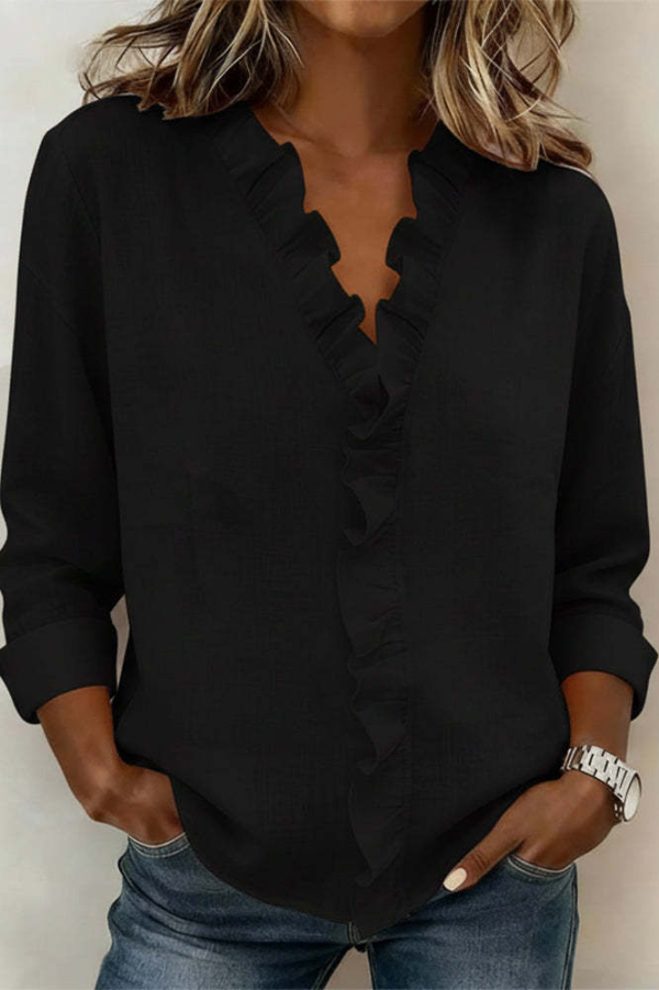 Solid Color Ruffled V-neck Long-sleeved Loose Casual Shirt | Consonak