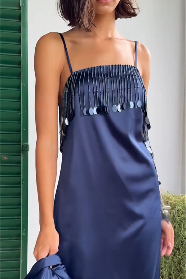 The Great Gatsby Satin Beaded Sequin Trim Open Back Slip Maxi Dress