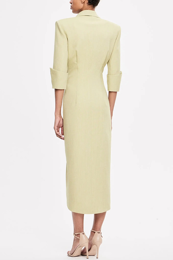 Elegant Look Linen Blend Stand Lapel Neck Half Sleeve Side Button Midi Dress-consonak