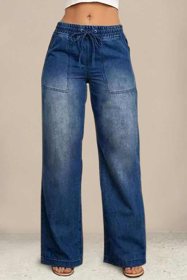 Stylish Elastic Waist Drawstring Pocket Casual Straight Wide-leg Jeans | Consonak
