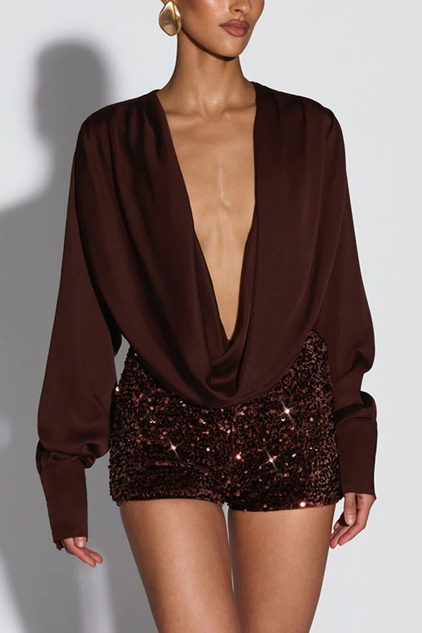 Girls Night Satin Drape Cowl Neck Shirt and Velvet Sequin Elastic Waist Shorts Set-consonak