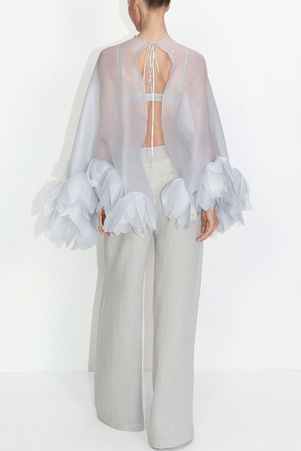 Cleo Sheer Hand-crafted Floral Petal Trim Back Tie-up Loose Cape