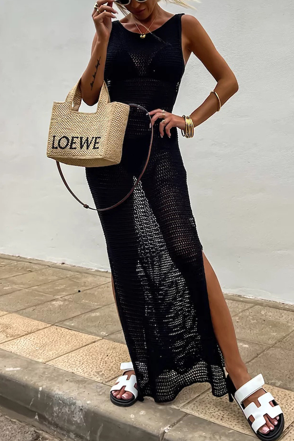 Solid Color Knitted Cutout Slit Slim Fit Maxi Dress-consonak