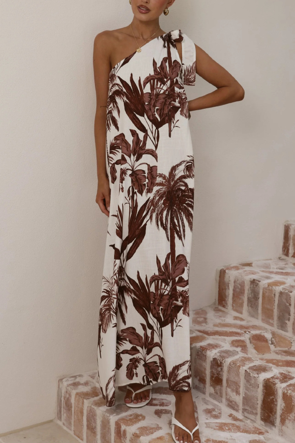 Botanical Print Sleeveless One-shoulder Casual Vacation Maxi Dress-consonak