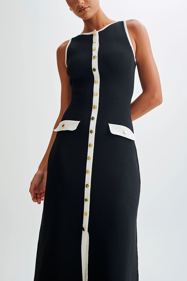 Elegant Slim Fit Crew Neck Buttoned Sleeveless Knit Midi Dress-consonak