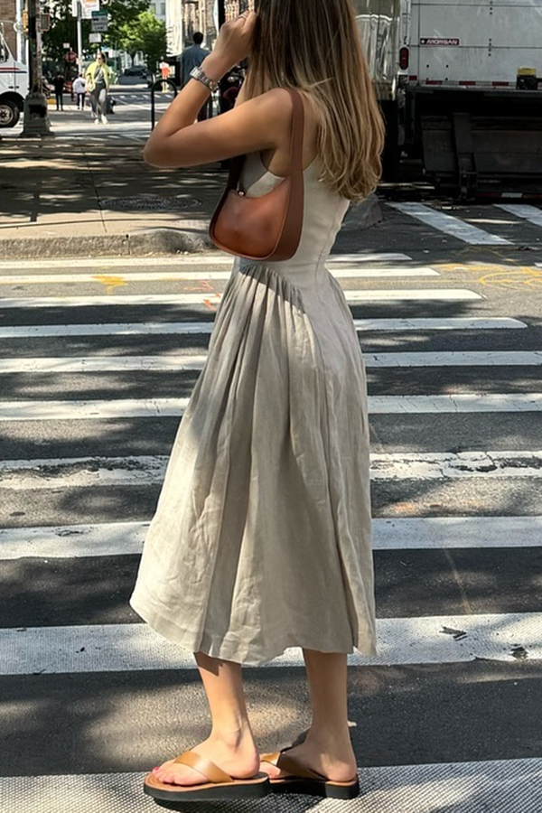 City Cutie Linen Blend Button Cutout Neck Umbrella Hem Midi Dress-consonak