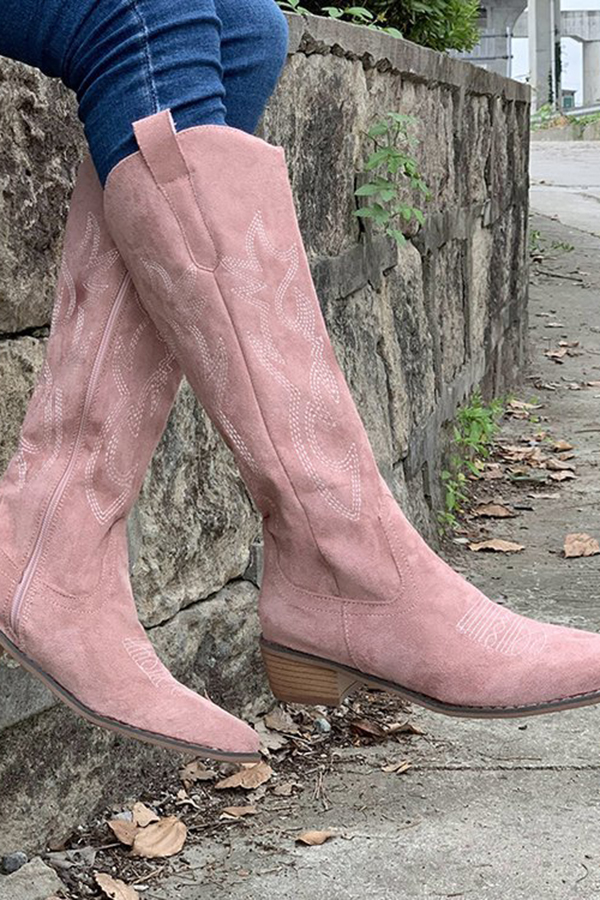 Retro Embroidered Block Heel Mid-calf Western Cowboy Martin Boots-consonak