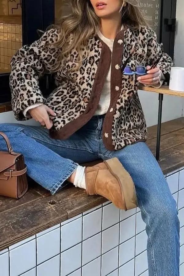 Warm Feel Colorblock Leopard Print Plush Button Up Pocketed Teddy Jacket-consonak