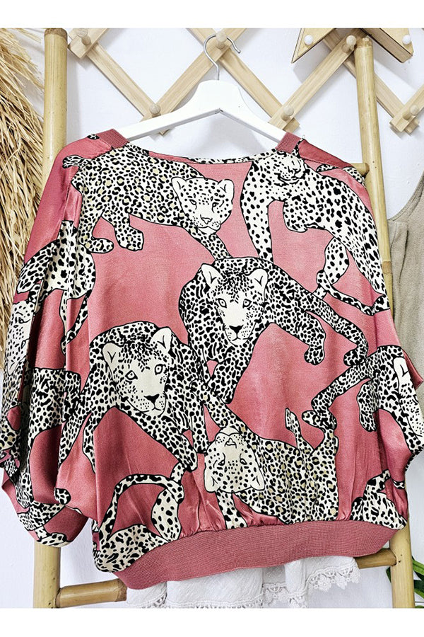 Abbie Satin Tiger Print Bat Wide Sleeve Button Loose Coat-consonak