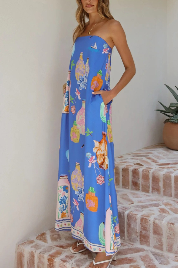 Linen Blend Perfume Bottle Print Sleeveless Off-shoulder Casual Pocket Vacation Maxi Dress-consonak