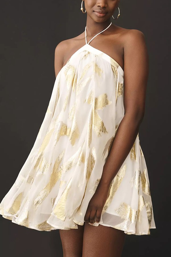 Stylish Printed Halterneck Strappy Backless Mini Dress-consonak