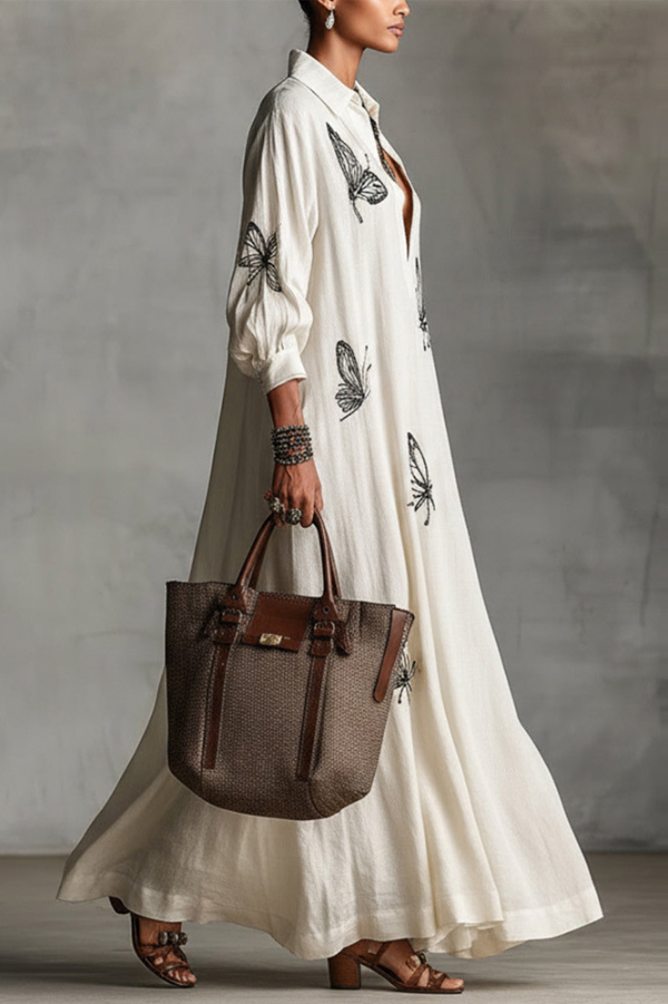 Butterfly Print V-Neck Long Sleeve Loose Casual Maxi Dress