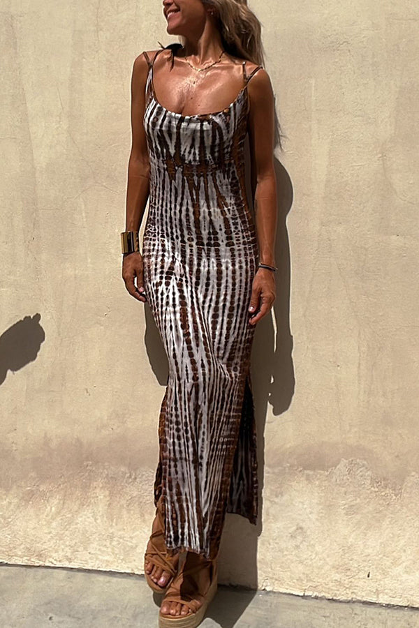 An Inspiration Tie-dye Print Double Shoulder Strap Stretch Maxi Dress | Consonak