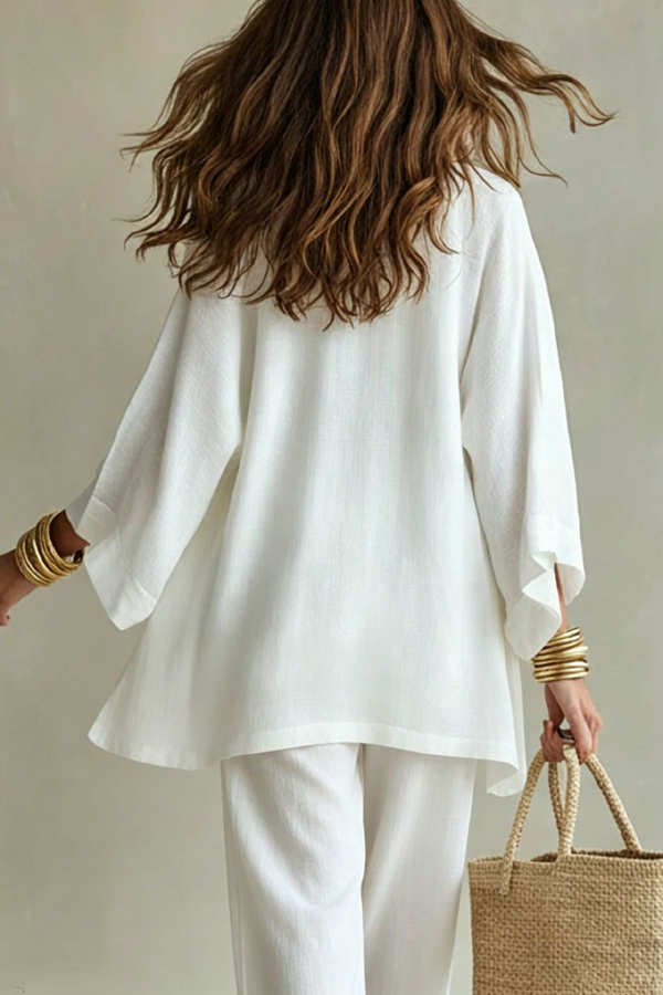 Linen Blend Solid Color Loose Cardigan V-neck Sleeveless Vest and Elastic Waist Pocket Straight Leg Pants Three-piece Set-Consonak