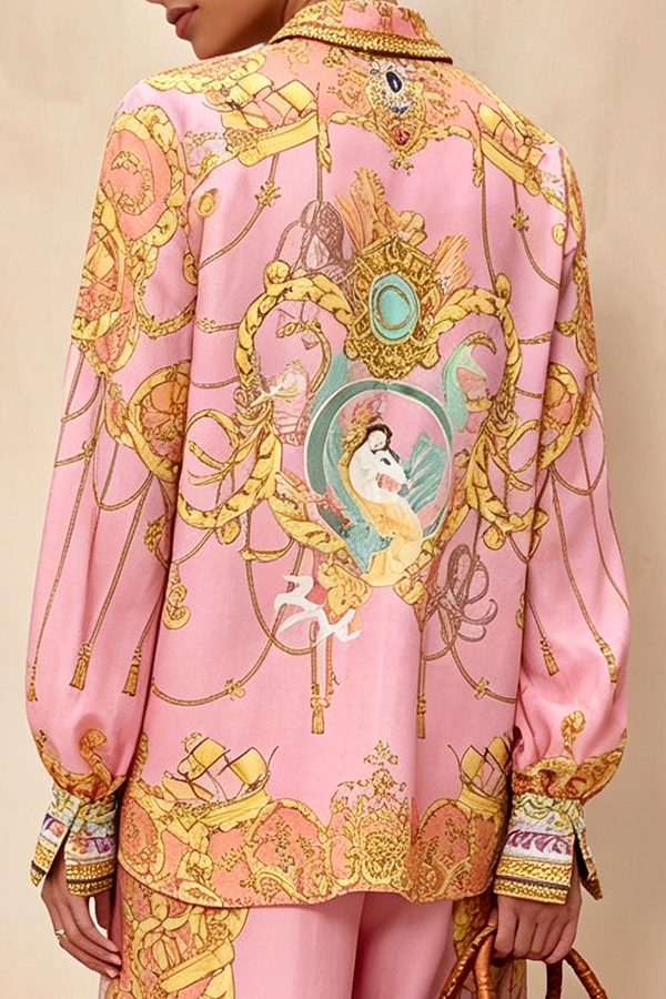 Mermaid Motel Unique Print Long Sleeve Loose Shirt and Elastic Waist Pants Set-Consonak