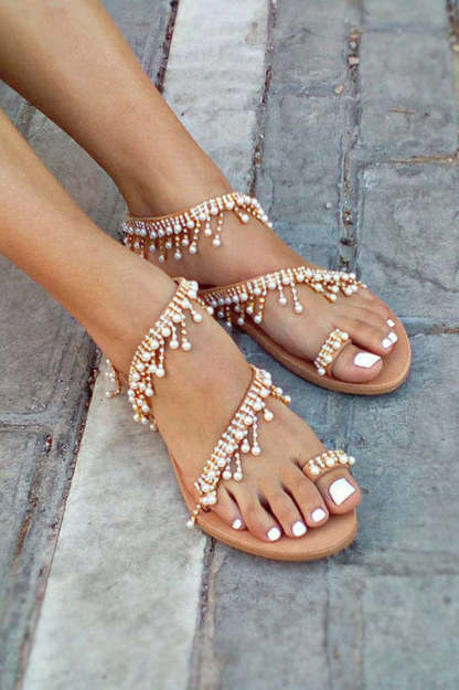 Handmade Pearl Beaded Flat Roman Sandals-consonak