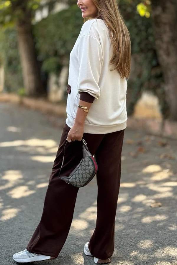 Stylish Color-blocked V-neck Knitted Button-down Cardigan and Elastic Waist Casual Wide-leg Pants Set-consonak