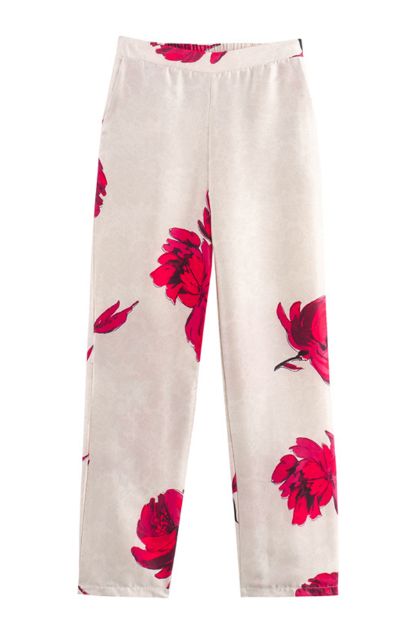 Special Attendance Satin Floral Print High Rise Elastic Waist Pocket Pants-consonak