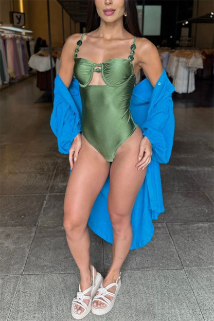 Salima Beaded Strap Cutout Detail SweetHeart Neck Stretch One-Piece Swimsuit