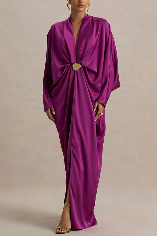 Tina Satin Plunge V-neck Gold Trim Detail Long Batwing Sleeve Maxi Dress | Consonak