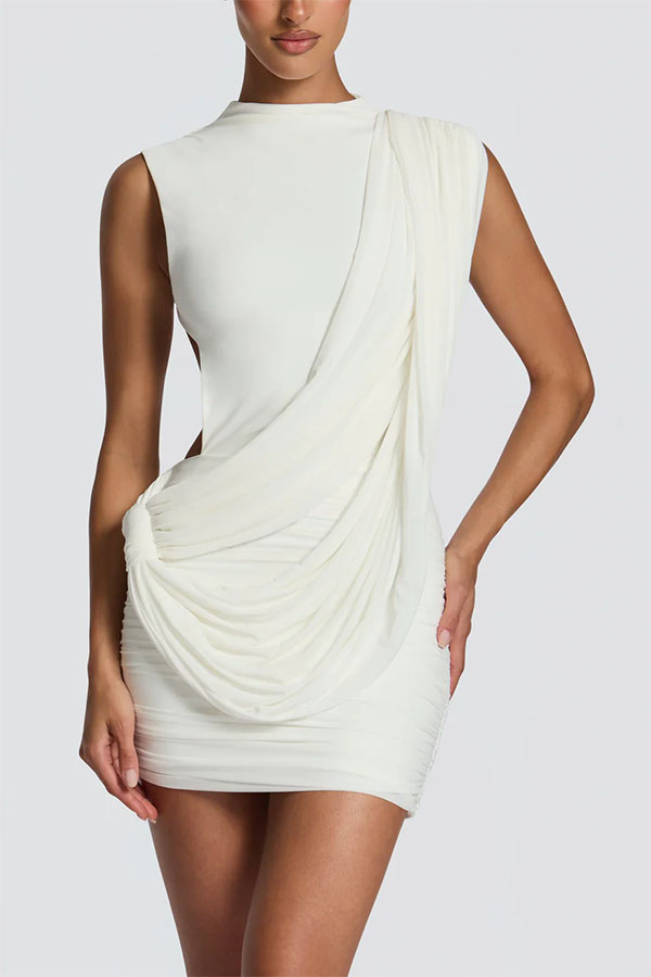 Mireya Mesh and Knit Fabric High Neck Diagonal Drape Backless Mini Dress | Consonak