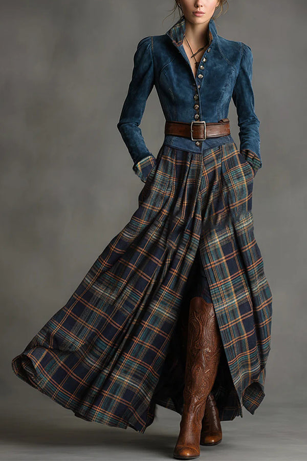 Fashionable Faux Denim Suede Patchwork Long-sleeved Casual Maxi Dress-consonak