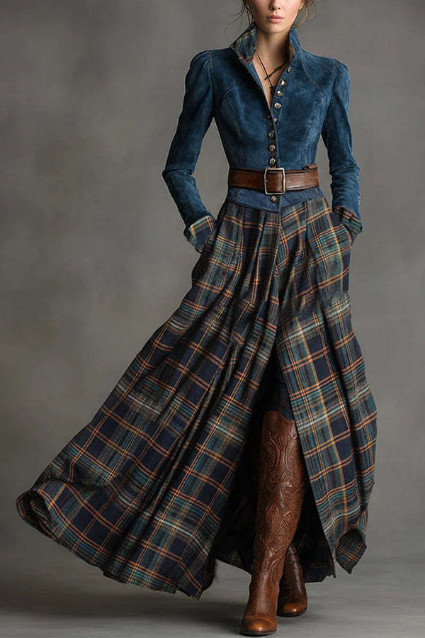 Fashionable Faux Denim Suede Patchwork Long-sleeved Casual Maxi Dress-consonak