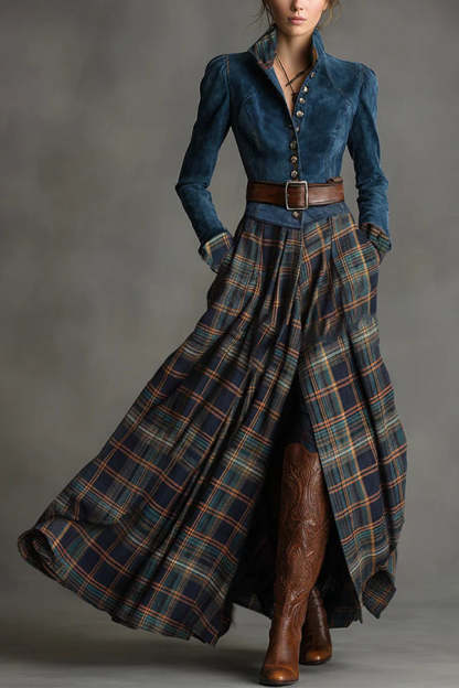 Fashionable Faux Denim Suede Patchwork Long-sleeved Casual Maxi Dress-consonak