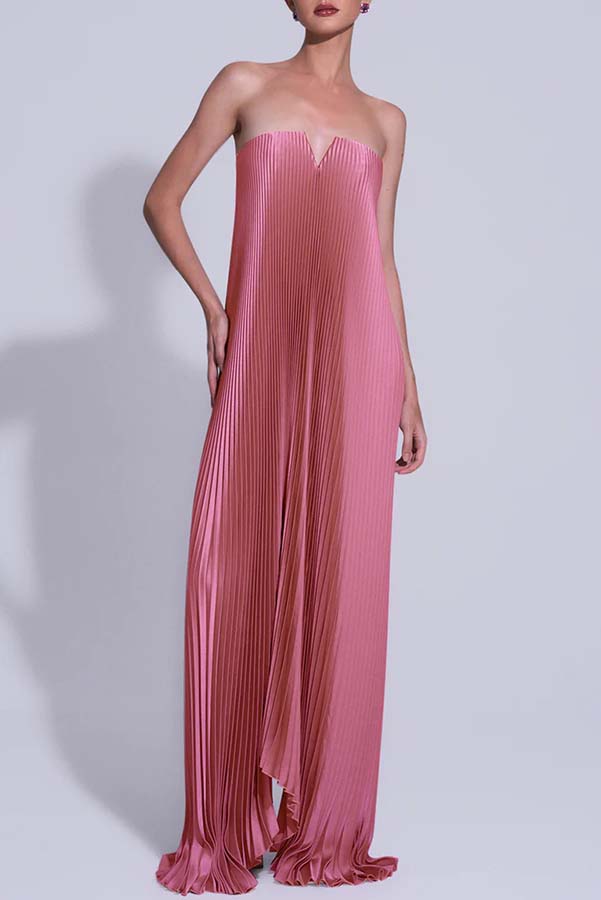 Darling Moment Satin Fabric Off Shoulder V-neck Asymmetric Hem A-line Maxi Dress | Consonak