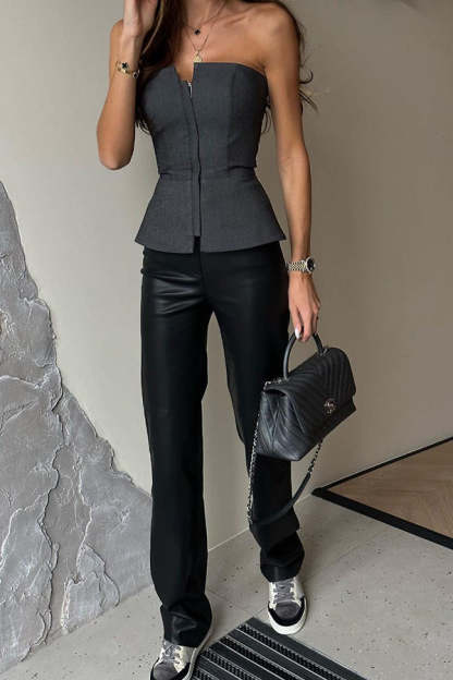 Street Mixed British Style Off Shoulder Front Zipper Top-consonak